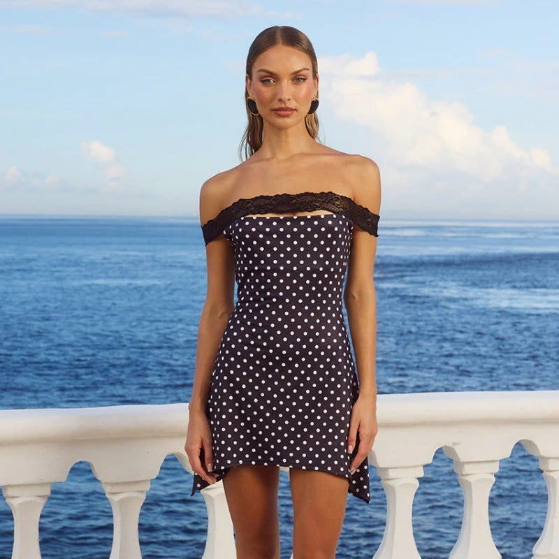 Robe à points minces sexy à épaule éteinte pure pour les nuits