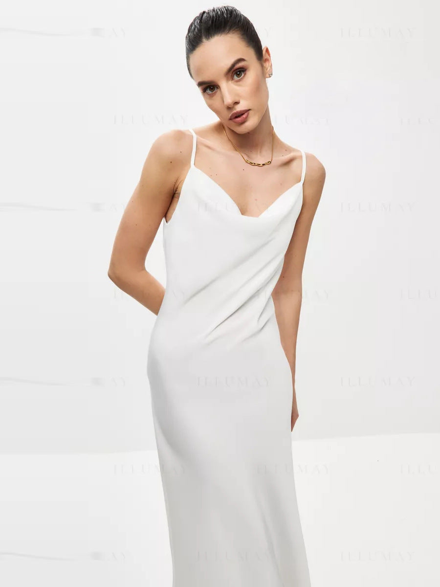 Silk Suspender Dress with Sleek Sleeveless Summer Silhouette-White-Theone Apparel