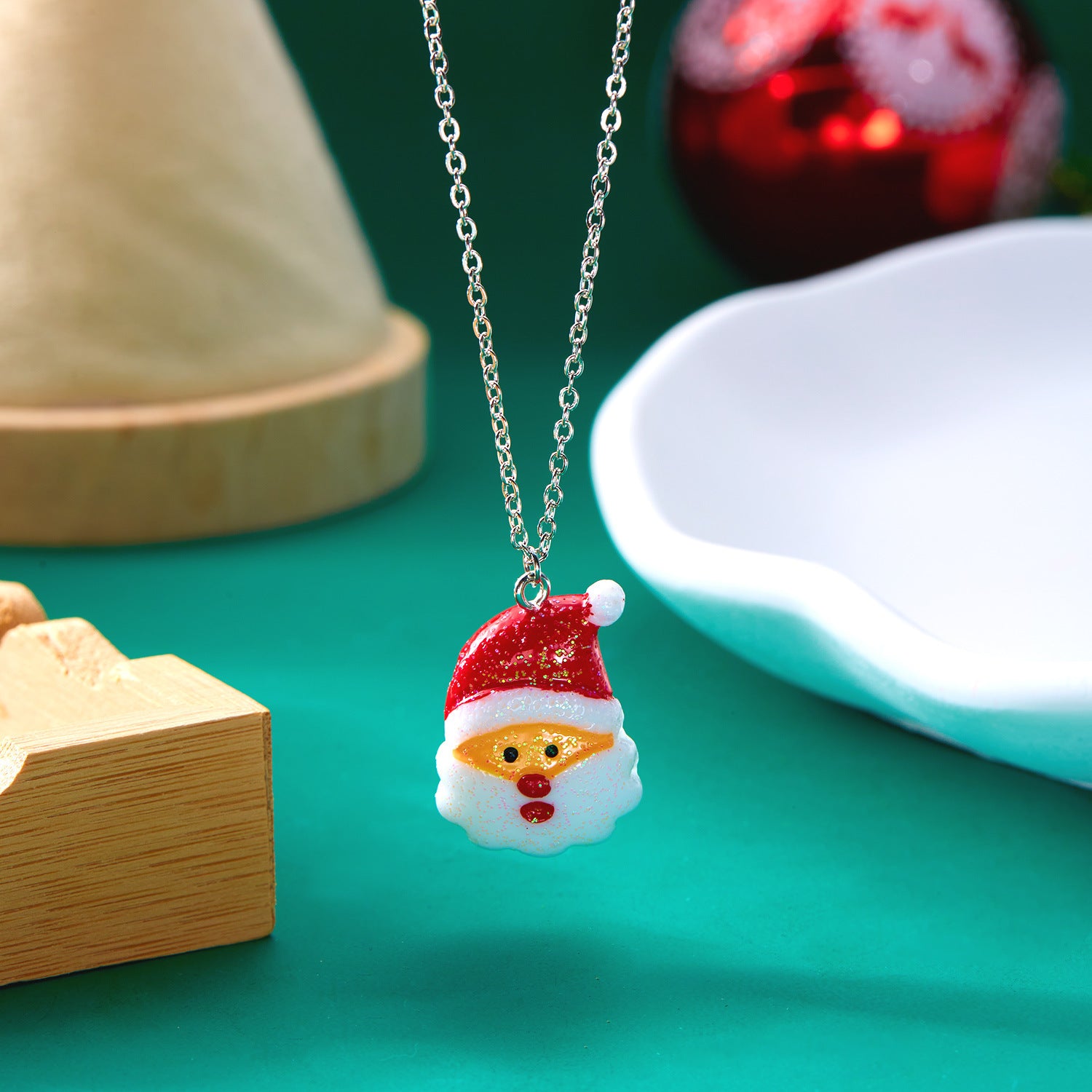 Silver-Tone Christmas Resin Glitter-Accent Chain Pendant Necklace in Assorted Styles-Theone Apparel