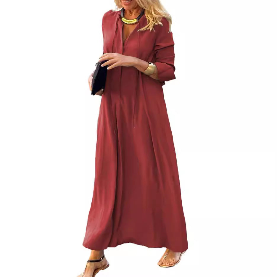 Semplice abito a maniche lunghe a V con un solido comfort casual