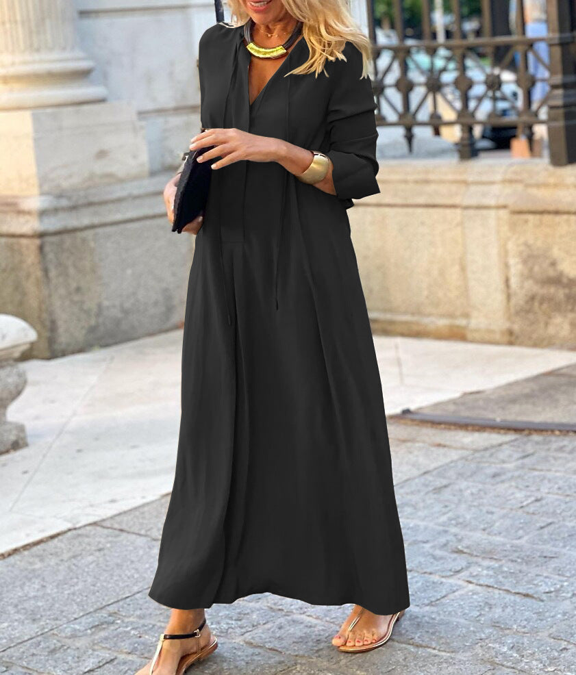 Semplice abito a maniche lunghe a V con un solido comfort casual