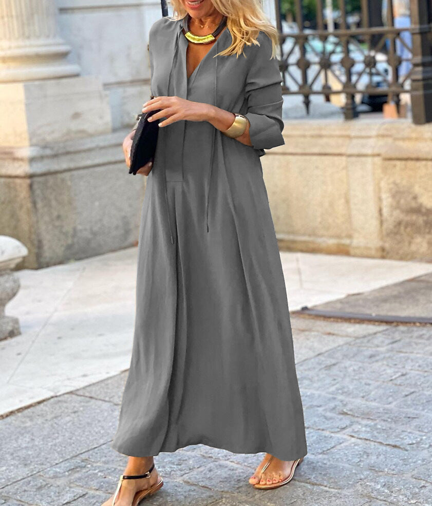 Semplice abito a maniche lunghe a V con un solido comfort casual