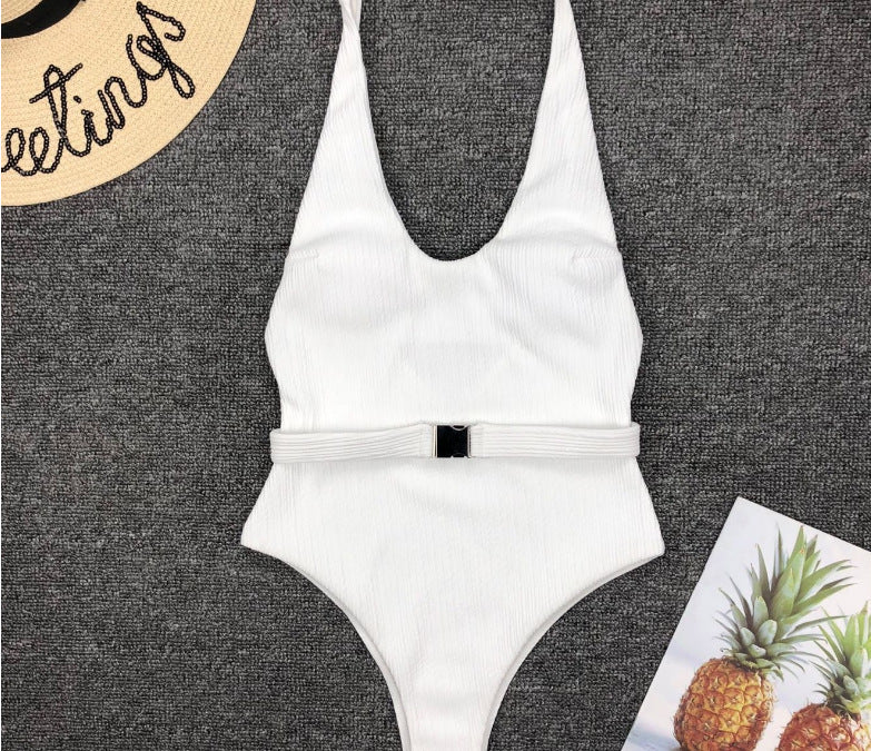 Special-Fabric Belted One-Piece Swimsuit for European American Style-Theone Apparel
