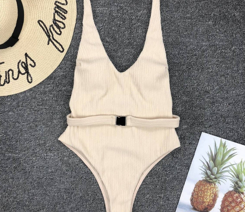 Special-Fabric Belted One-Piece Swimsuit for European American Style-Theone Apparel