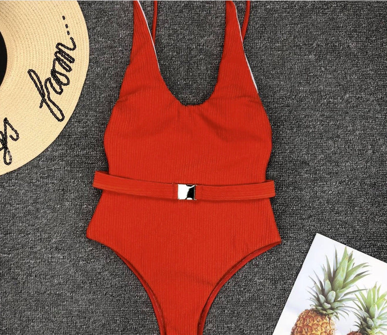 Special-Fabric Belted One-Piece Swimsuit for European American Style-Theone Apparel