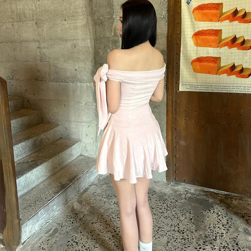 Summer Off-Shoulder Bow Mini Dress with Playful European Vibes-Theone Apparel