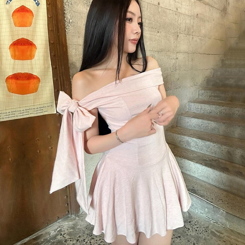 Summer Off-Shoulder Bow Mini Dress with Playful European Vibes-Theone Apparel