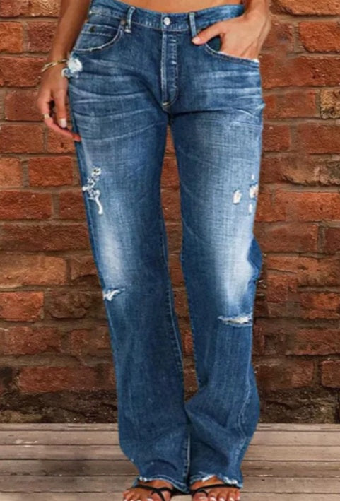 Unissex solto de jeans rasgado de perna reta para todos os sexos