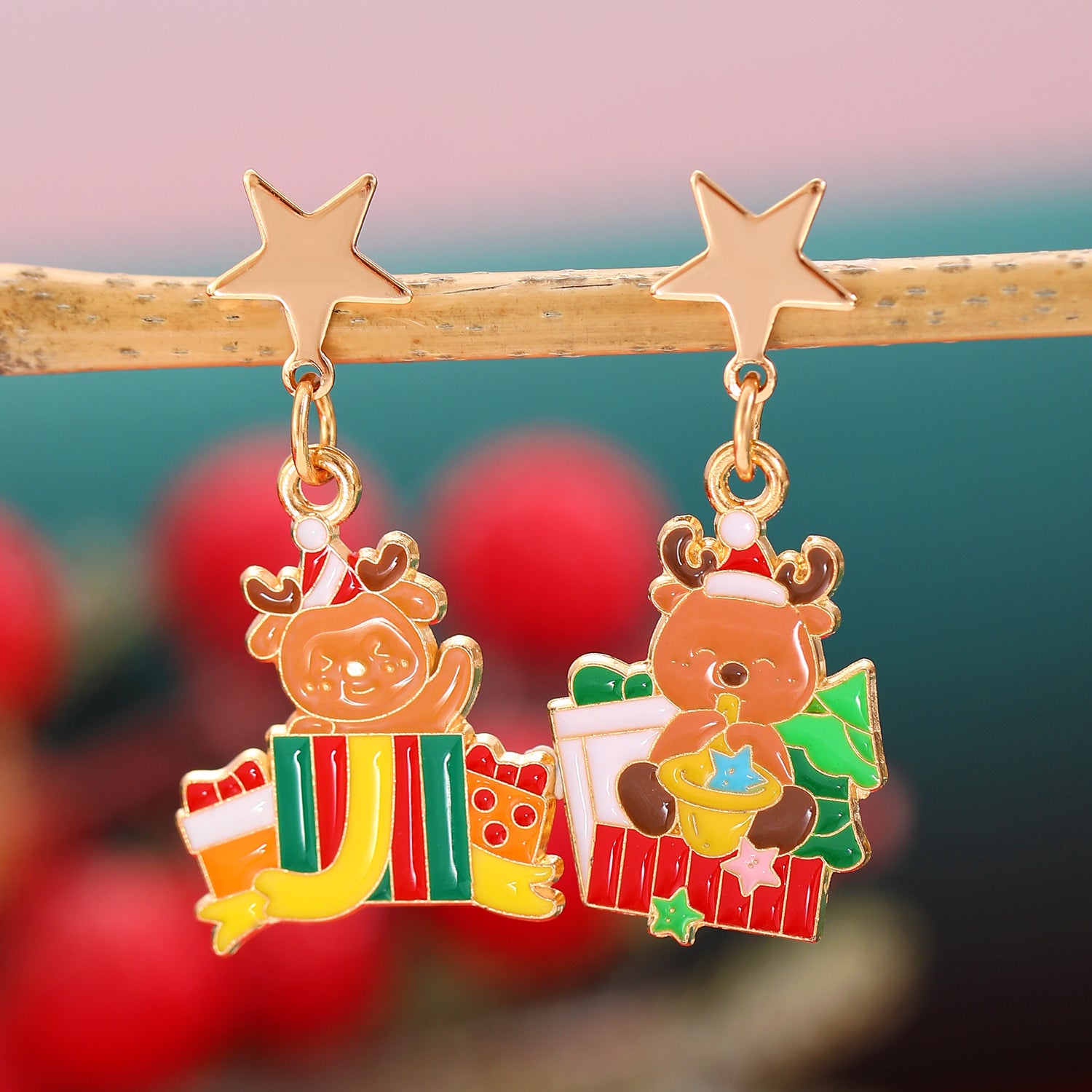 Whimsical Enamel and Metal Stud Back Christmas Themed Drop Earrings-Elk-Theone Apparel