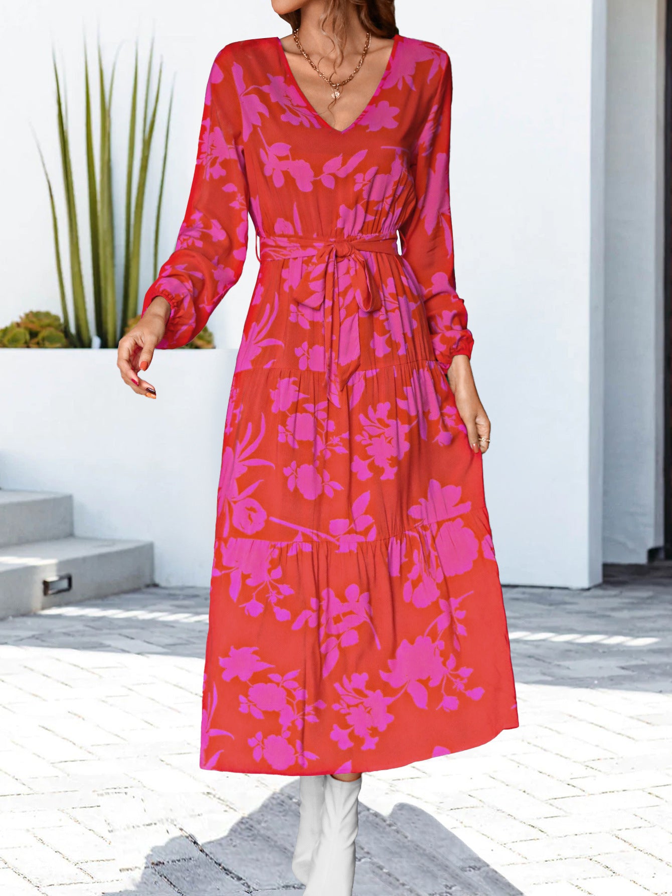 Women's Red and Pink Midi Wrap Dress with Long Sleeves