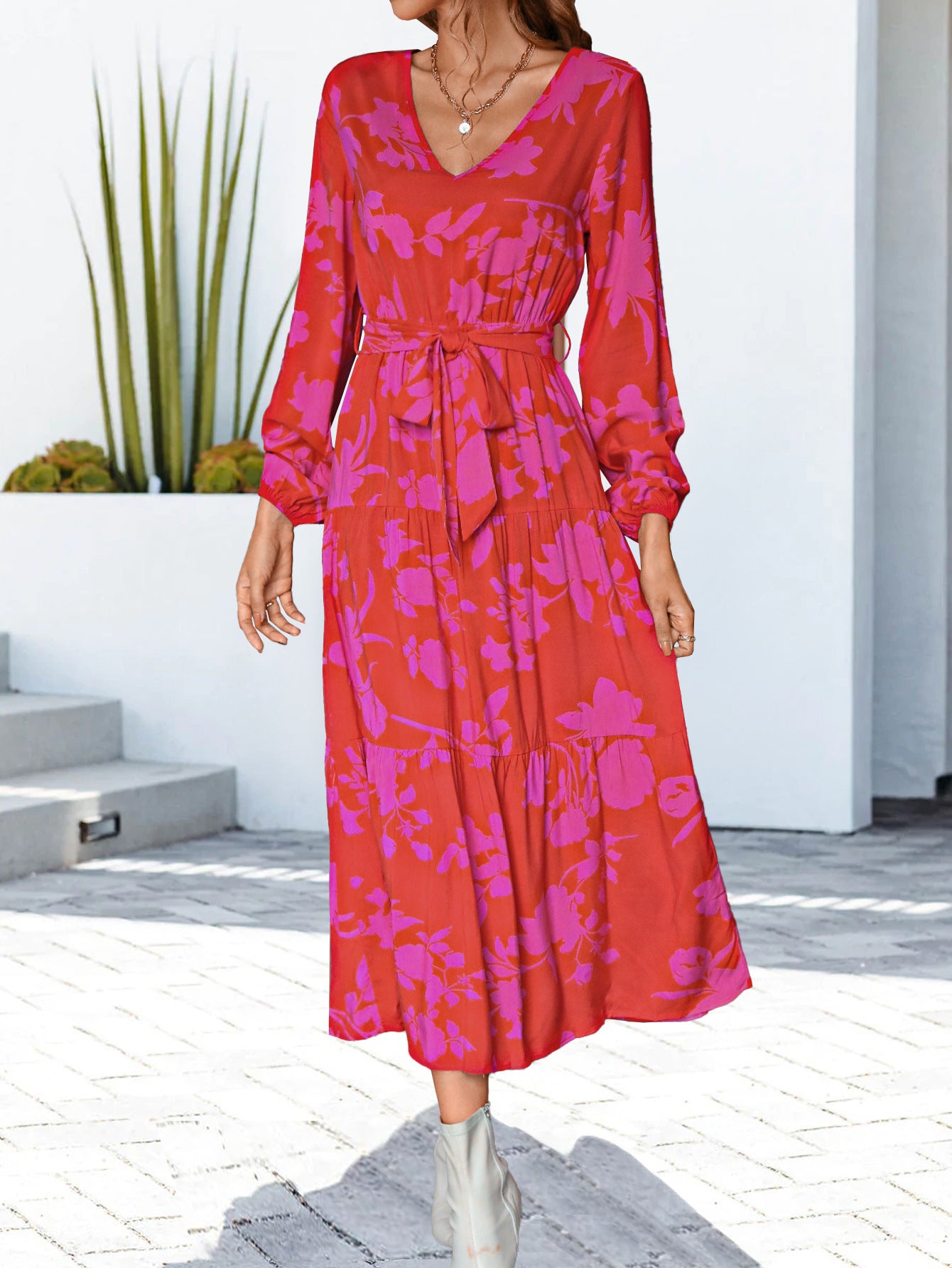 Women's Red and Pink Midi Wrap Dress with Long Sleeves