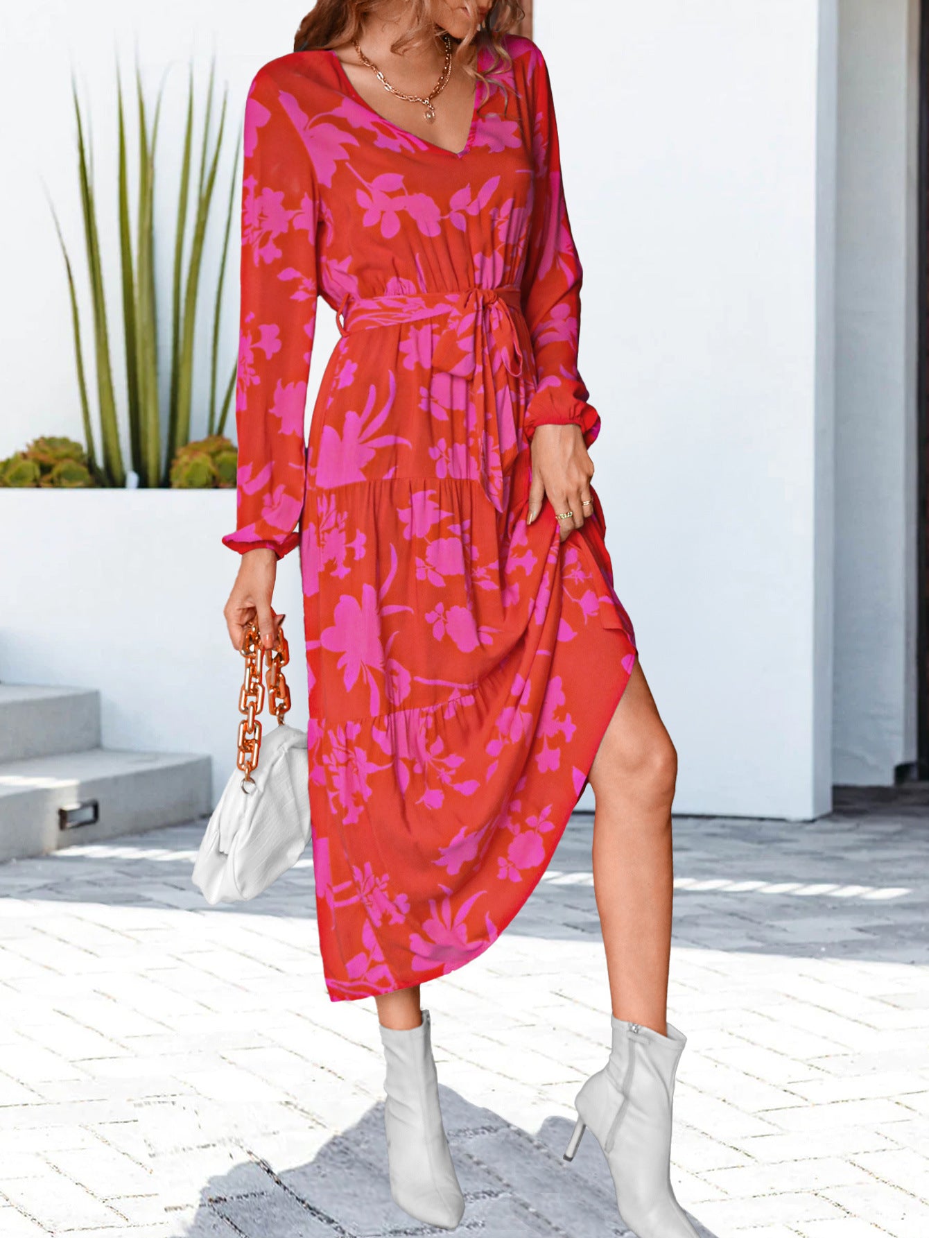 Women's Red and Pink Midi Wrap Dress with Long Sleeves