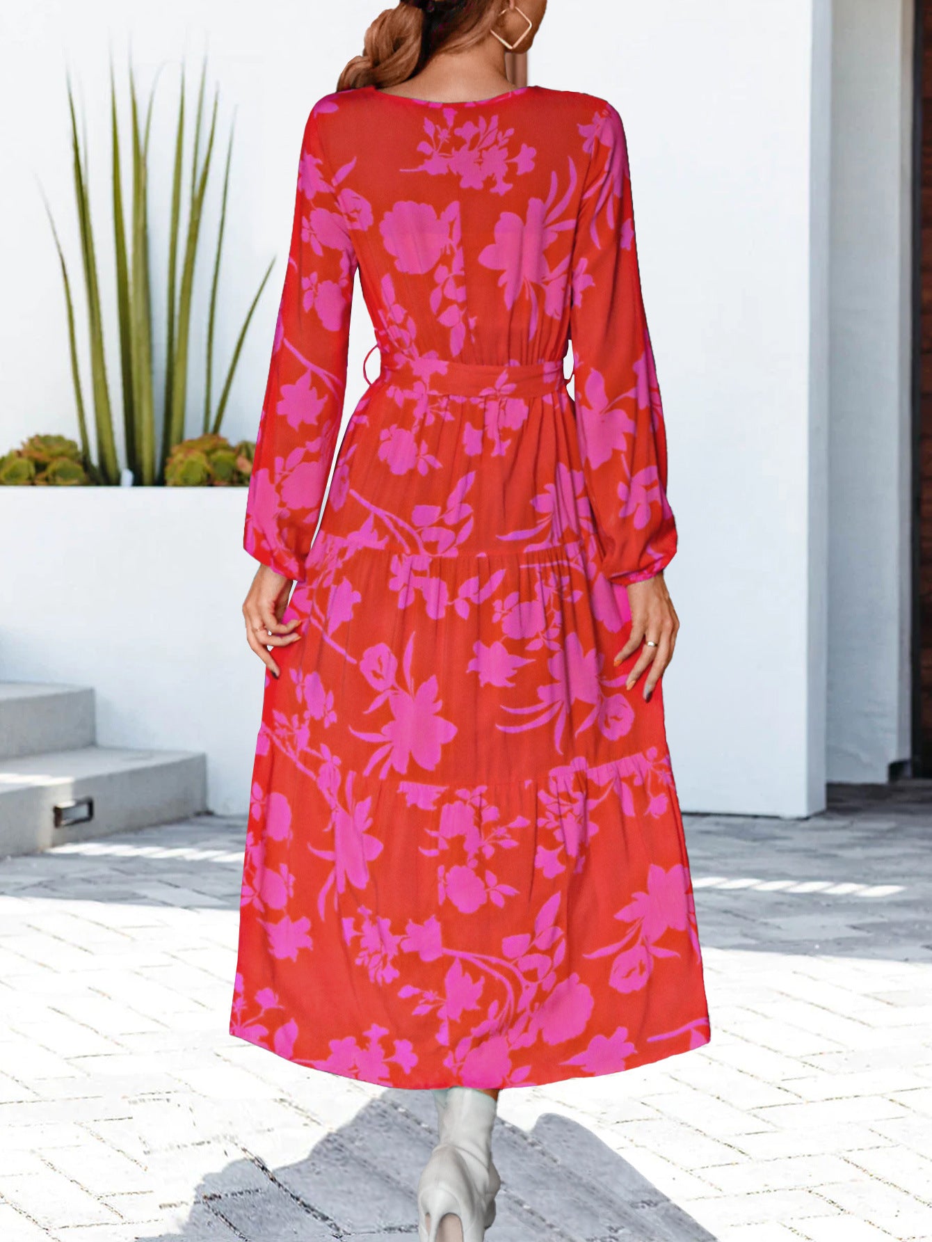 Women's Red and Pink Midi Wrap Dress with Long Sleeves
