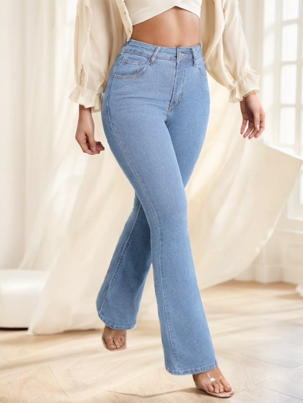 Celana denim depan tombol wanita dengan kantong klasik