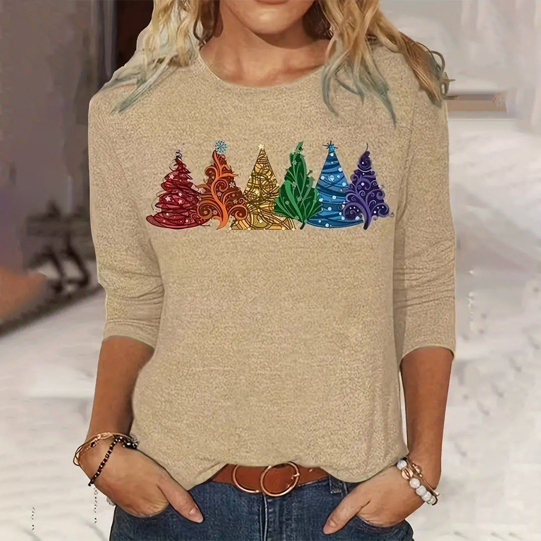 Women's Lightweight Long Sleeve Christmas Shirt with Rainbow Christmas Trees-Style 1-Theone Apparel