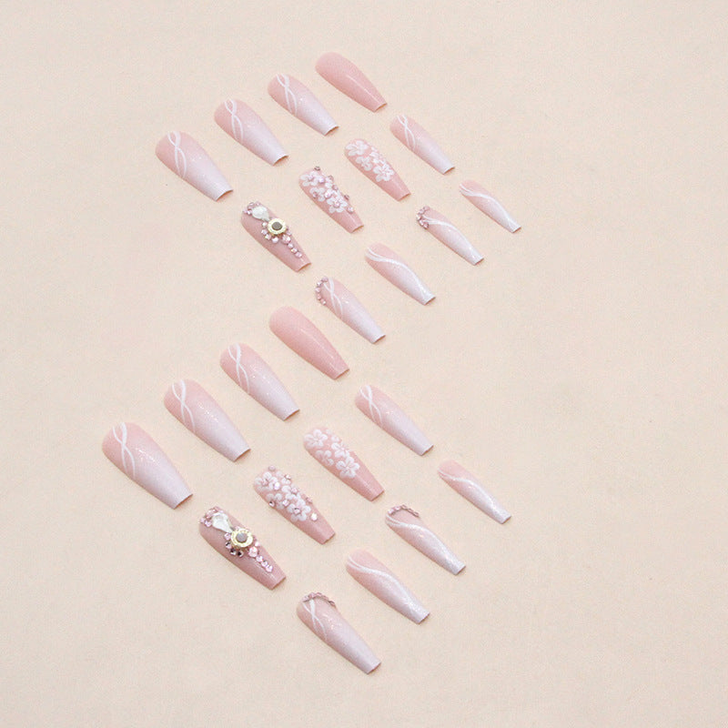 Women's Long Coffin Shape Fake Nails with Floral and Jewel Adornments-Theone Apparel