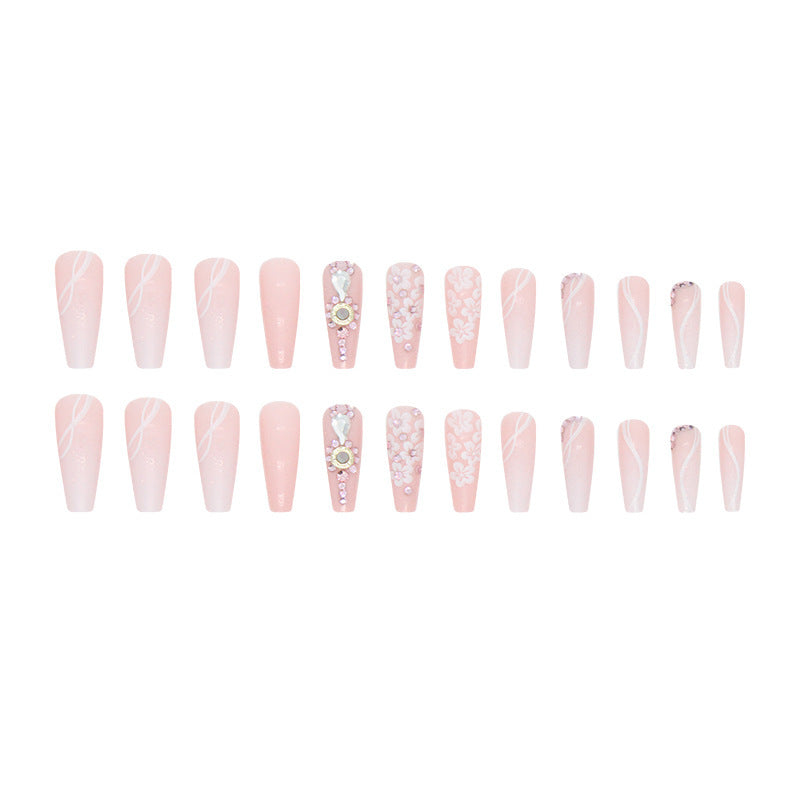 Women's Long Coffin Shape Fake Nails with Floral and Jewel Adornments-Theone Apparel