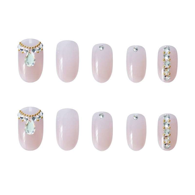 Women's Nude Pink Short Almond Shaped False Nails with Jewel Adornments