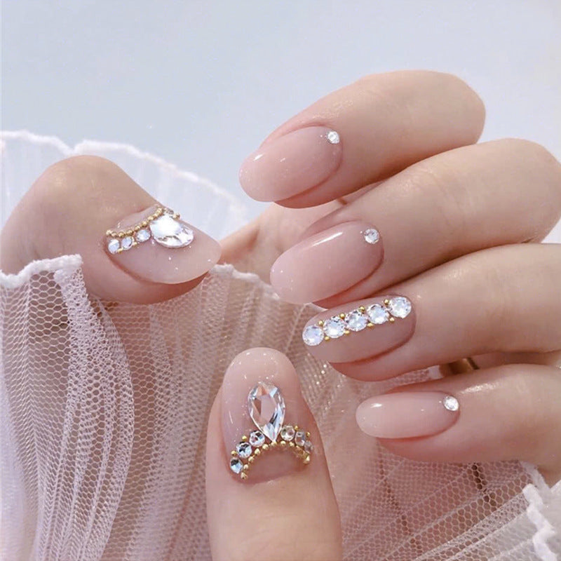 Women's Nude Pink Short Almond Shaped False Nails with Jewel Adornments-Theone Apparel