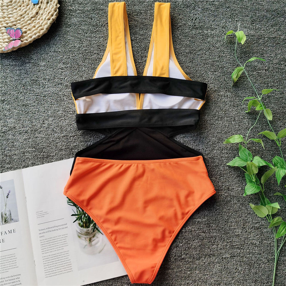 Women's One Piece Color Block Swimsuit with Scoop Neck-Theone Apparel