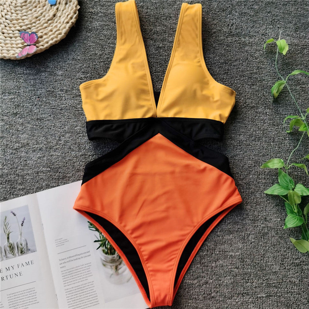 Women's One Piece Color Block Swimsuit with Scoop Neck-Theone Apparel