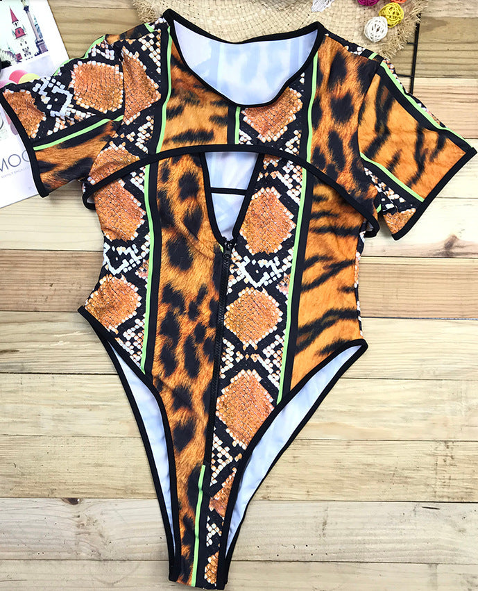 Women's One Piece Mixed Animal Print Short Sleeve Swimsuit-Theone Apparel