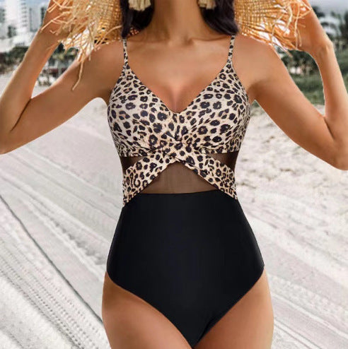 Women's One Piece Swimsuit with Mesh Midriff-Leopard-Theone Apparel