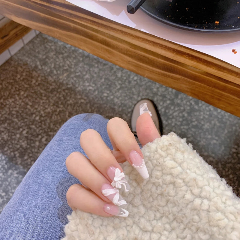 Women's Squoval Nude False Nail Set with Bow and Bead Adornments-Style 3-Theone Apparel