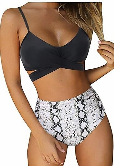 Women's Two Piece Bikini With High Waist Animal Print Bottoms-Black/White-Theone Apparel