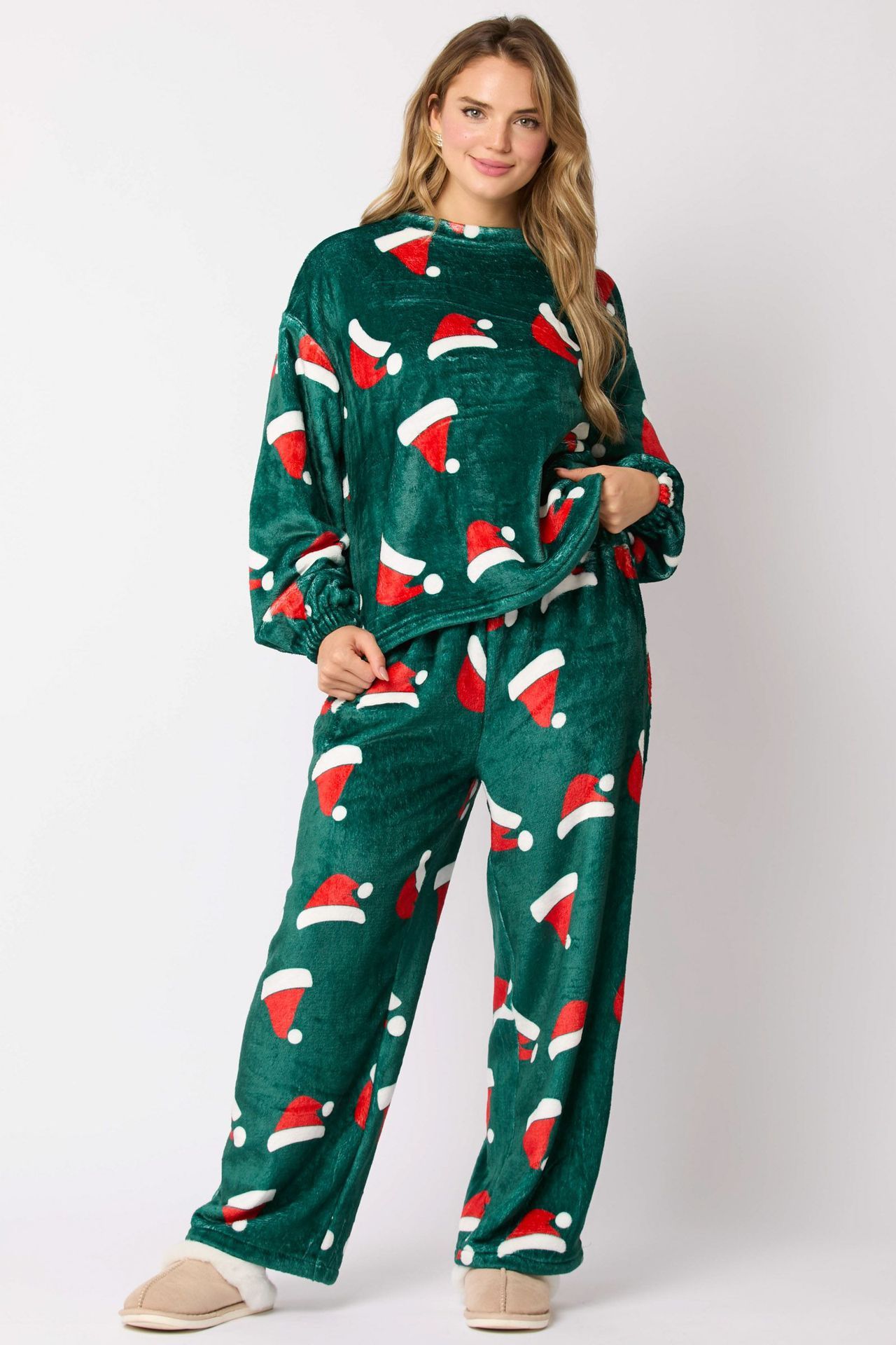 Dames fluweelachtige kerstman hoed Patroon tweedelig pyjama -set