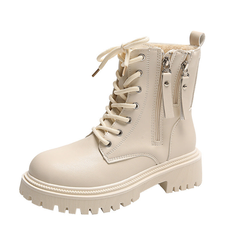 Women's Zip Side Lace Up Combat Boots in White or Black-Beige-Theone Apparel