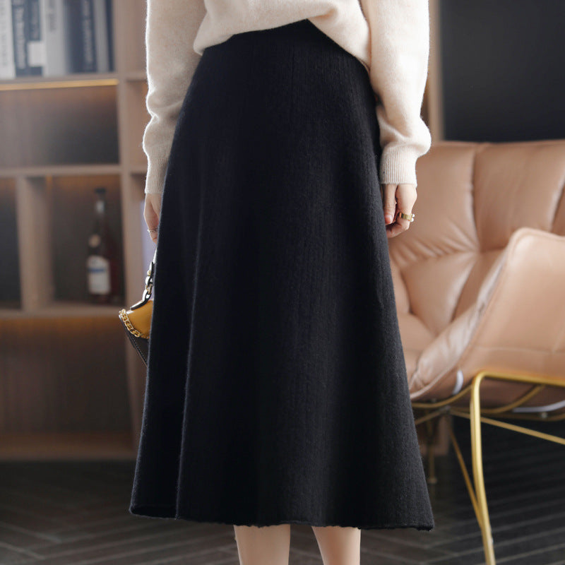 Wool Knitted Cashmere Pleated Skirt For Cozy Elegance-Black-Theone Apparel