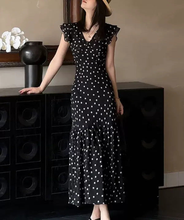 Sleek Black Polka Dot Dress with French-Inspired Slim Fit