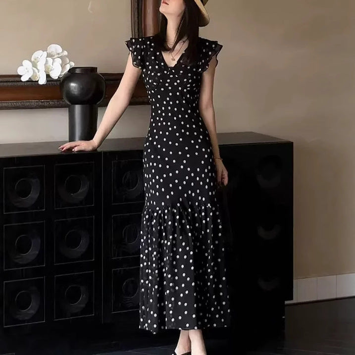 Sleek Black Polka Dot Dress with French-Inspired Slim Fit