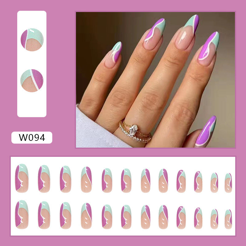 Women's Nude Almond Nail Set with Black Accent Details