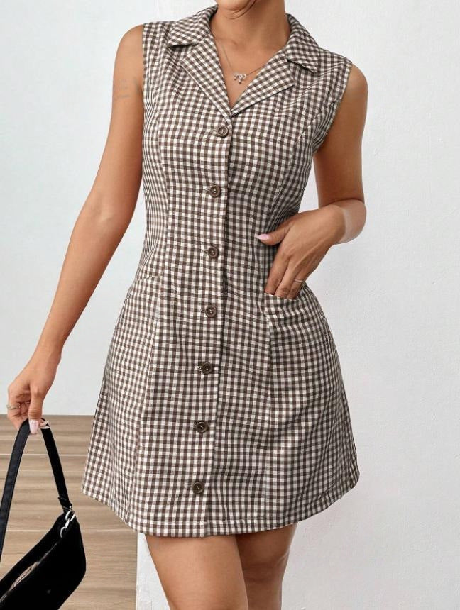 Gaun kerah kotak -kotak Prancis yang apik dengan daya pikat retro vintage