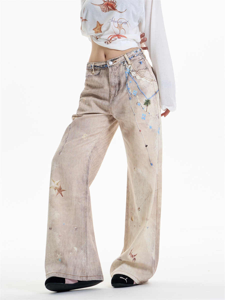 Jeans de la cadena retro con estampado recto con acabado vintage