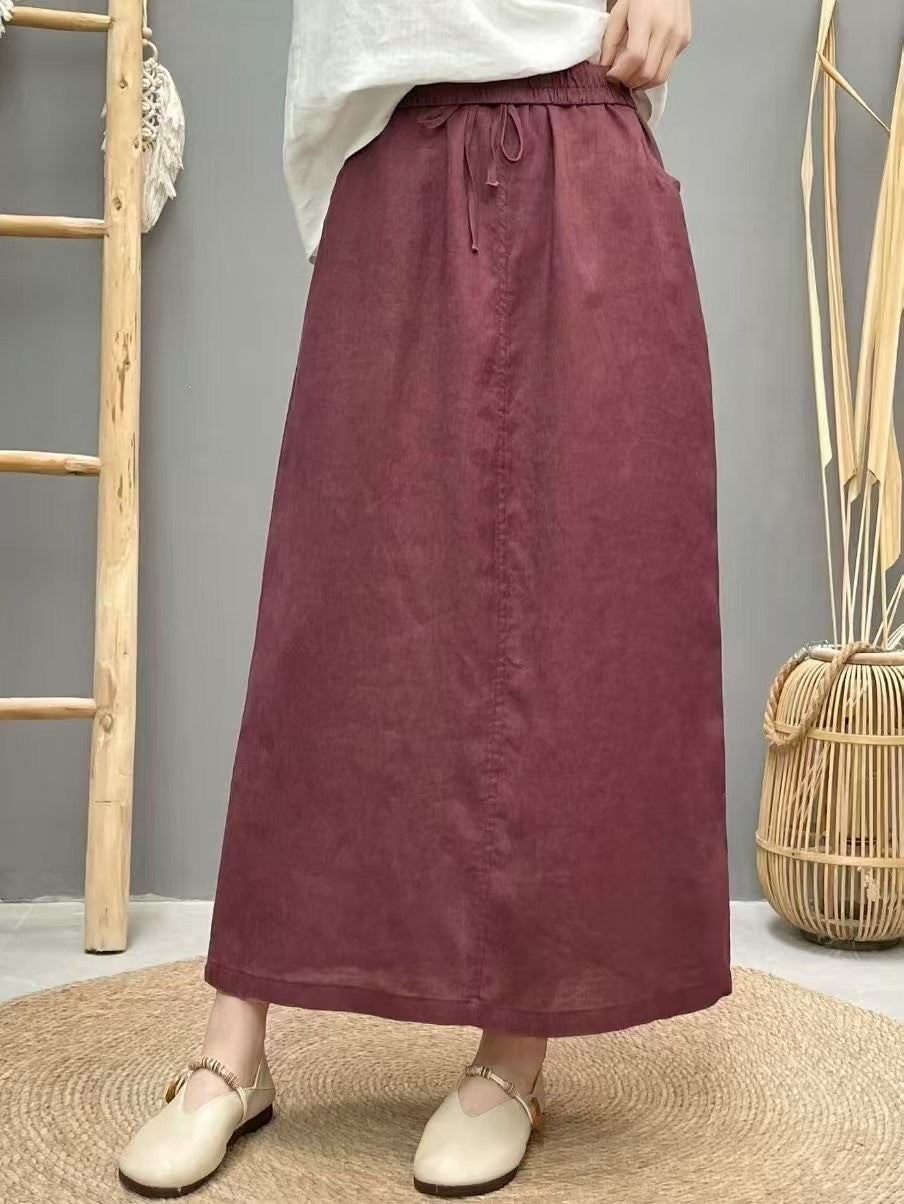 Lace Up Linen High Waist Skirt With Back Slit