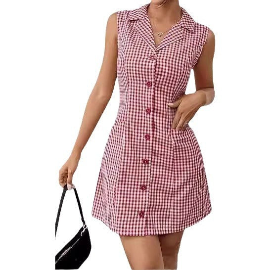 Gaun kerah kotak -kotak Prancis yang apik dengan daya pikat retro vintage
