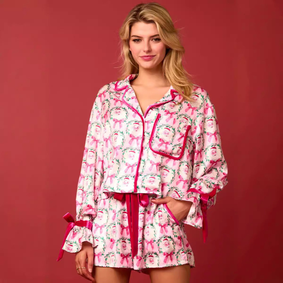 Women's Long Sleeve and Shorts Silky Christmas Pajamas