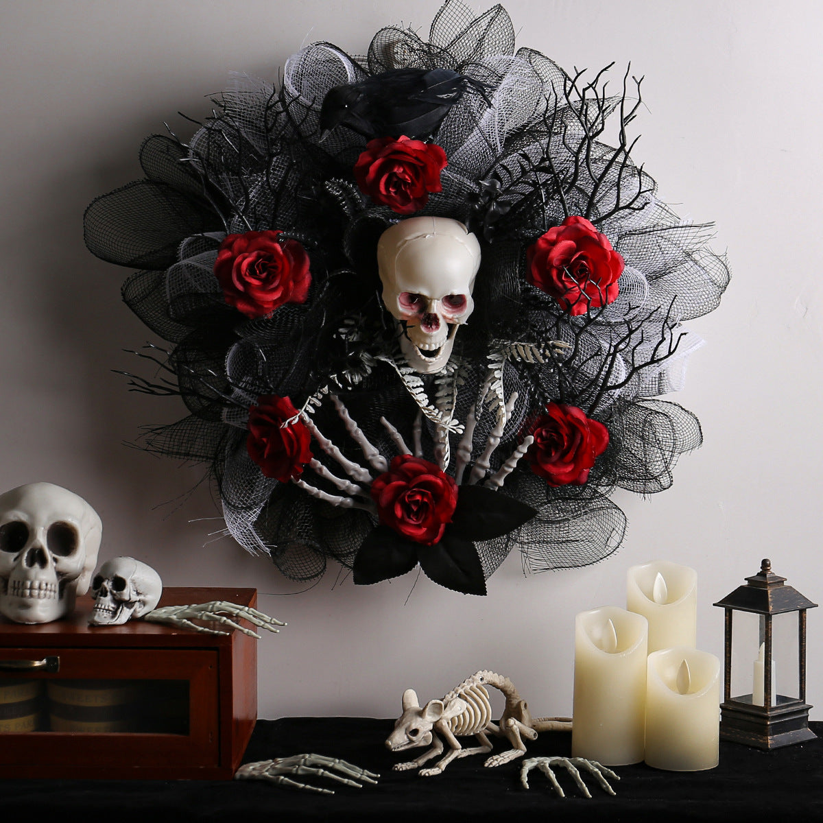 Skull and Roses Halloween Style Wreath in Red, Black and Gray