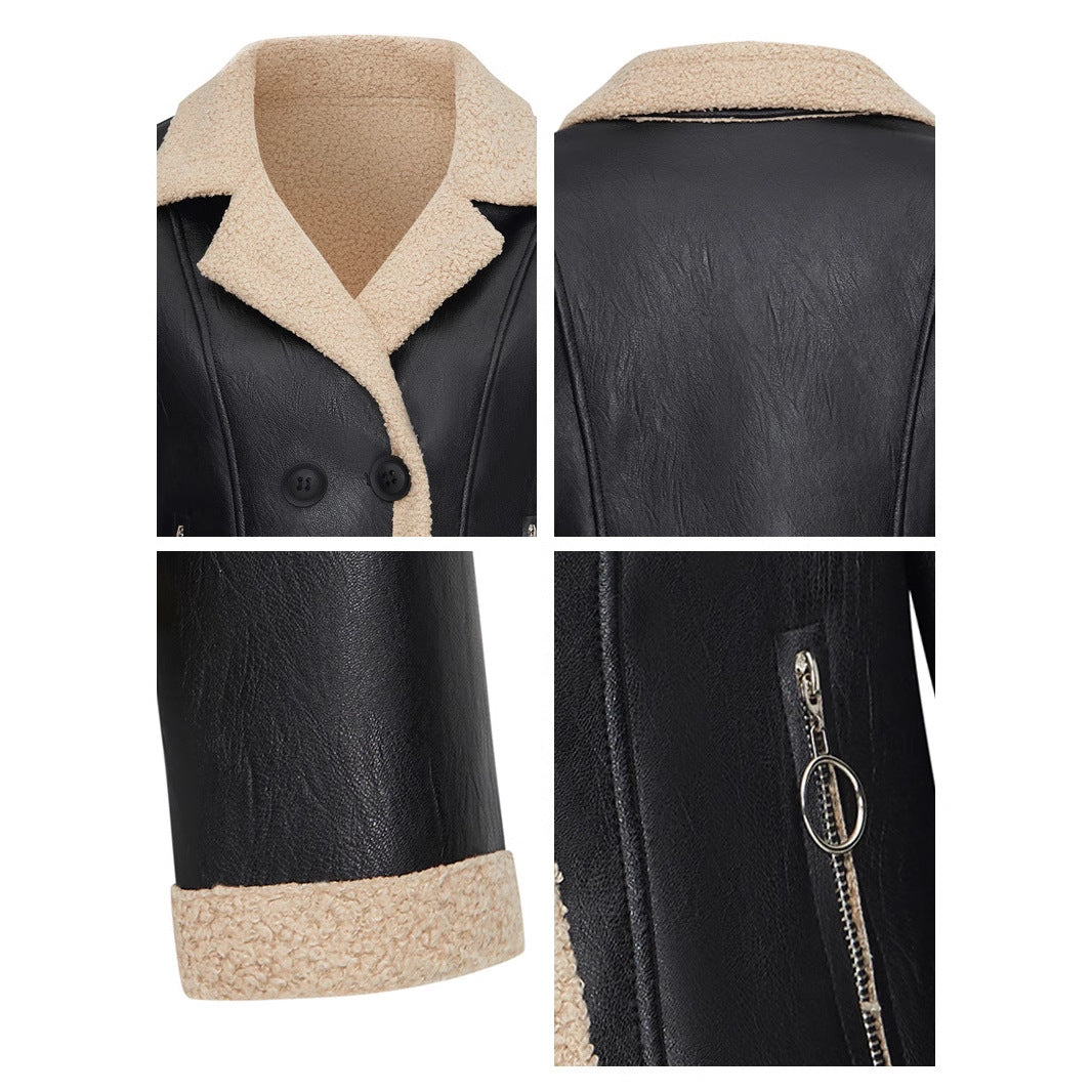 Fleece Padded PU Leather Belted Commuter Coat For Women