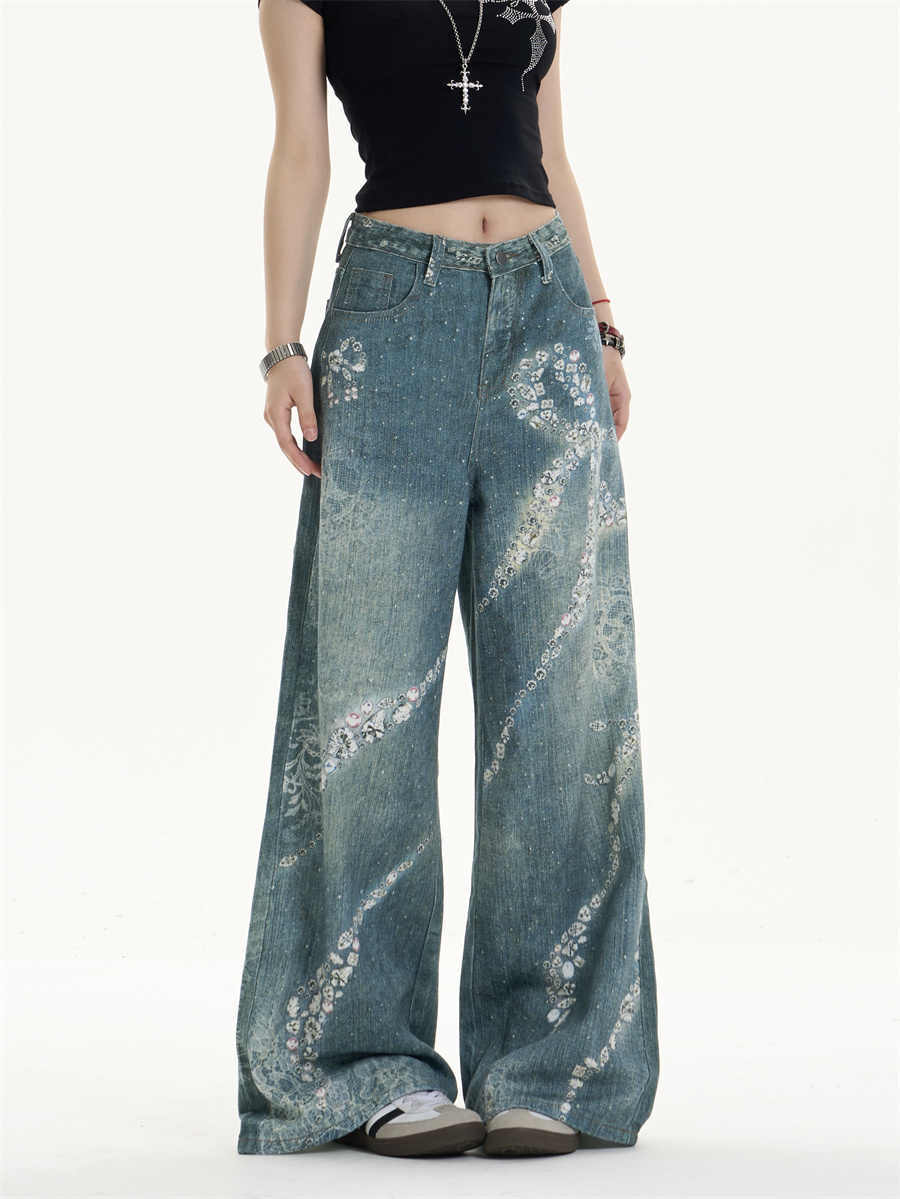 Verspieltes Bowknot-Druck mit breitem Bein-Jeans mit femininer Wendung