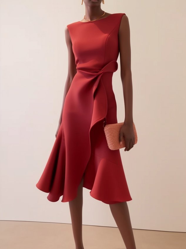Red Sleeveless Round-Neck Dress with Elegant Temperament