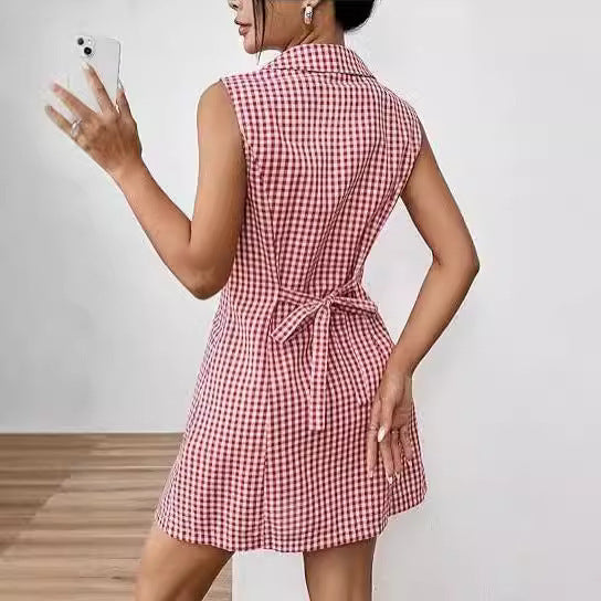 Chic French Plaid Lapel Dress with Vintage Retro Allure