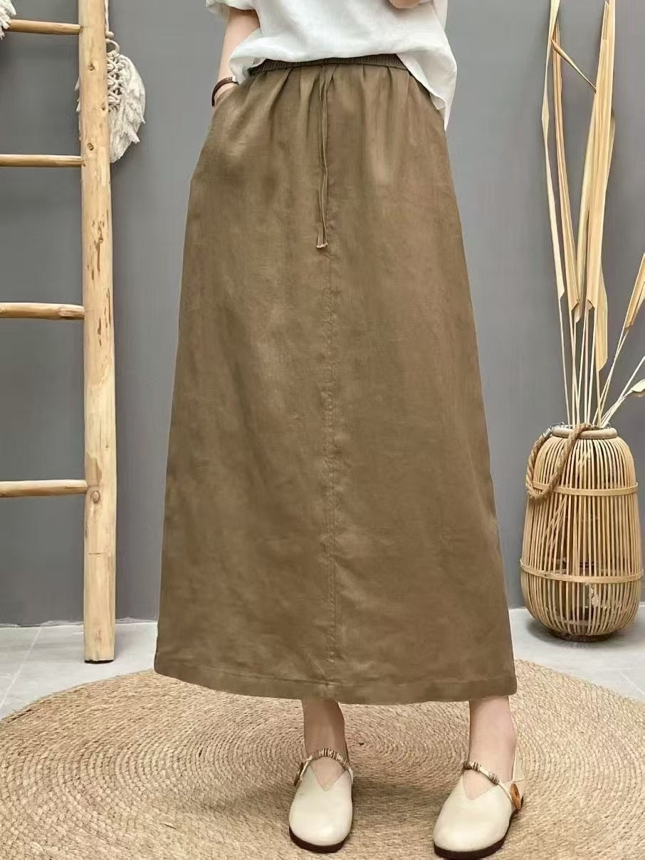 Lace Up Linen High Waist Skirt With Back Slit