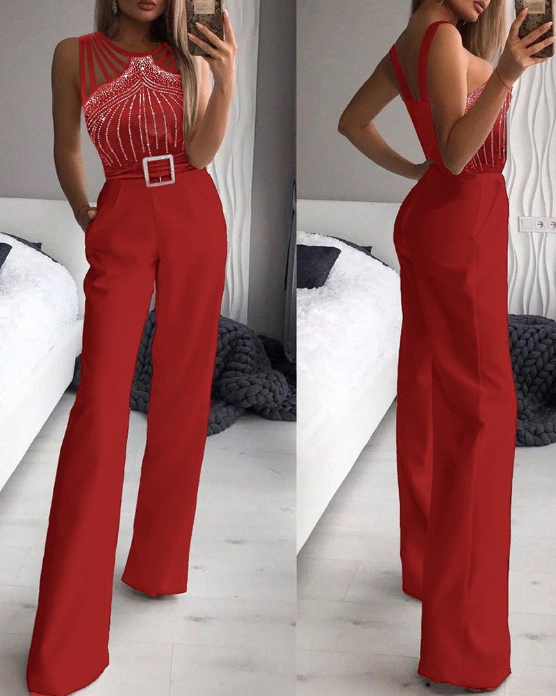 European And American-style Rhinestone-embellished Sexy Strapless Sleeveless Waist-cinching Jumpsuit