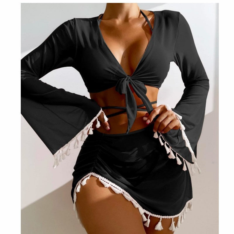 Women's Tassel Fringe Two Piece Long Sleeve Swimsuit Coverup