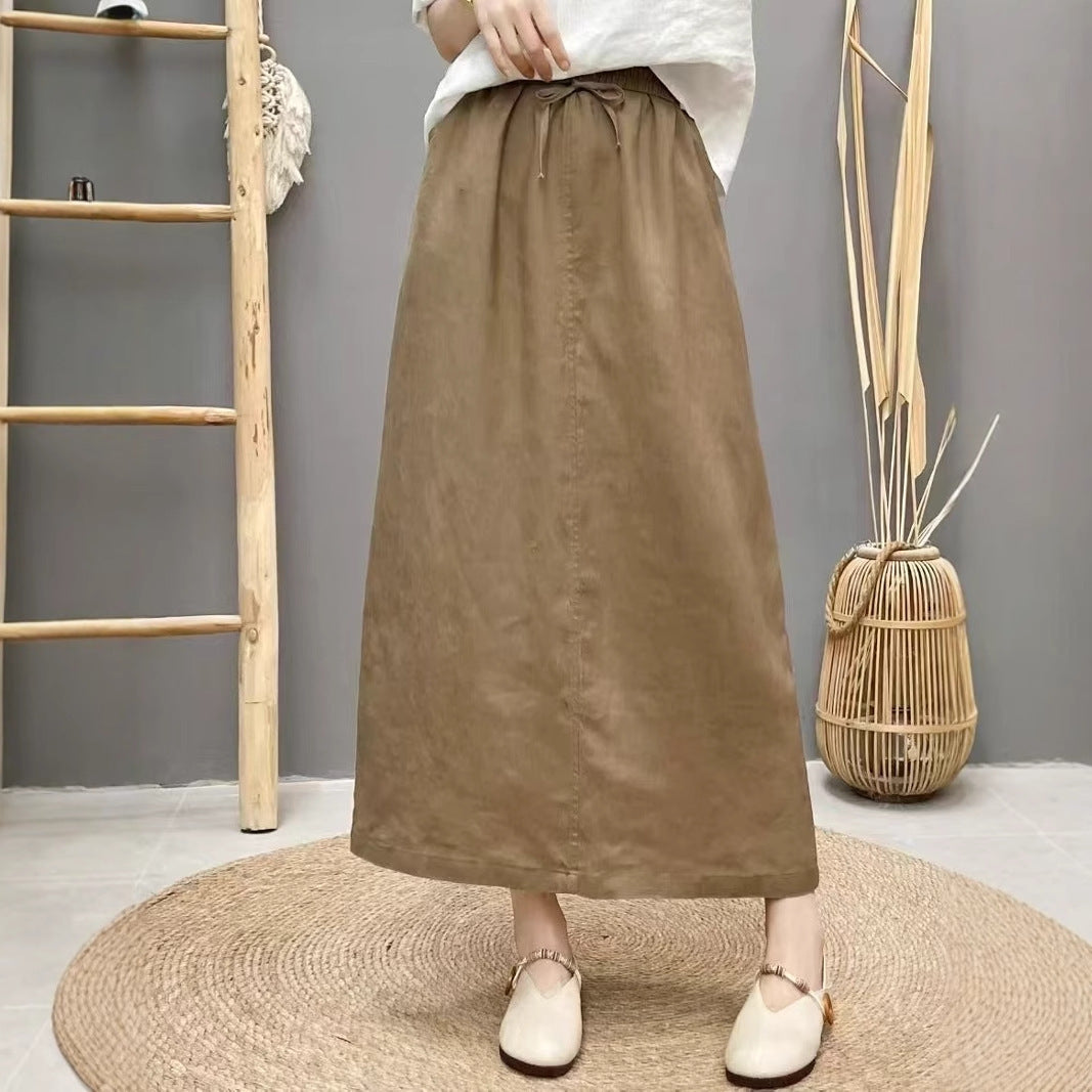 Lace Up Linen High Waist Skirt With Back Slit