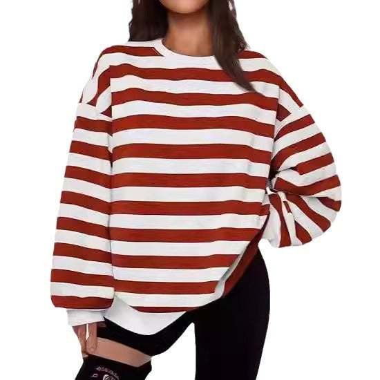 Women's Crew-neck Pullover Casual Striped Sweatshirt